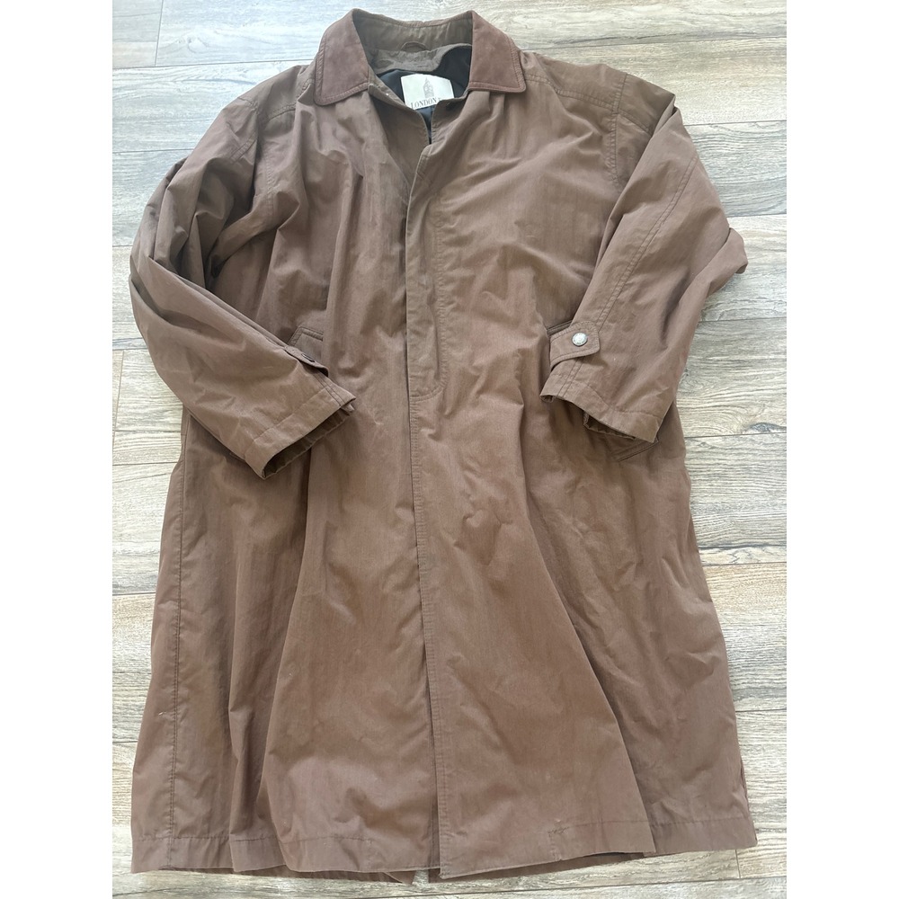 Vintage y2k London Fog Mens Brown Trench Coat Suede Collar Long Overcoat Large